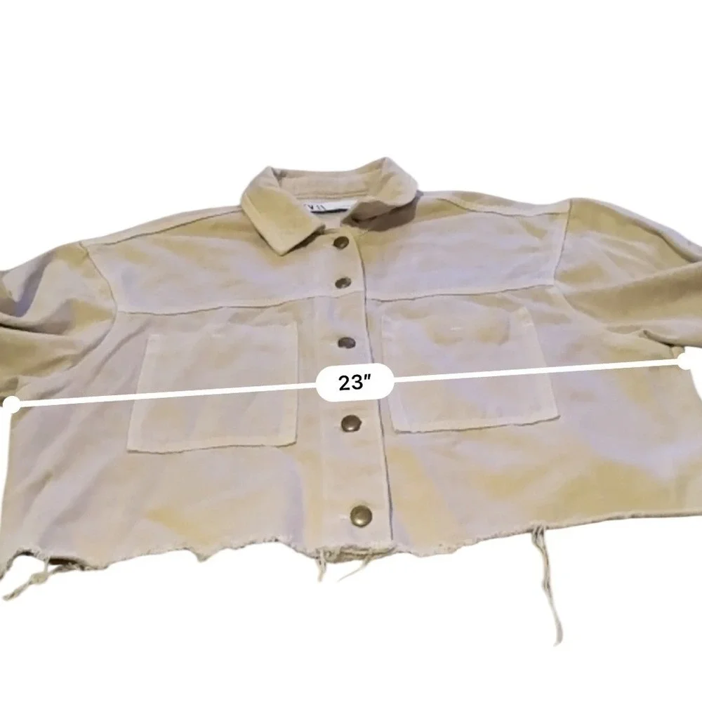 Zara Cropped Denim Jacket Womens XL Tan‎ Raw Hem Boxy Utility Button Front